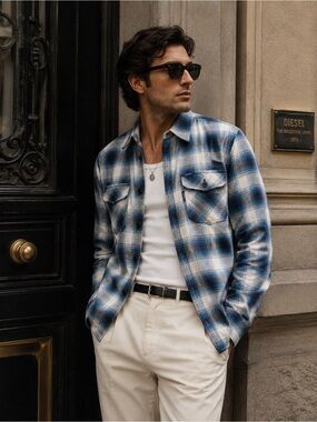 Diesel Plaid Flannel Shirt Blue Cotton Utility Workwear Italy Fits Men Large